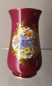 Jarrón de porcelana Meissen púrpura rojo fondo flores ramo dorado punta dorada 1. W - Imagen 1 de 11