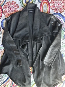 Simply Vera Wang Black Knit Open Front Waterfall Cardigan Jacket Faux Leather XL - Picture 1 of 22