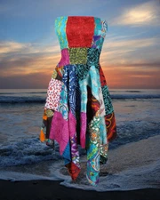 Womens Hi Low Dress, Colorful Cotton Patchwork Summer Dress, Hippie Sundress S/M