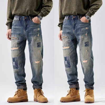 Calça jeans clássica masculina desgastada jeans reta moda retrô casual rasgada - Imagem 1 de 4