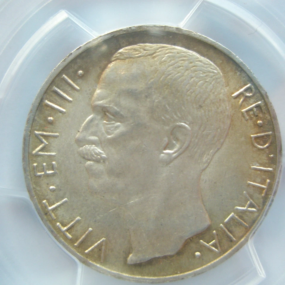 ITALY 10 lire 1927 Rome PCGS UNC Orange toned **FERT** King Horse Chariot Graded - Image 1 of 3