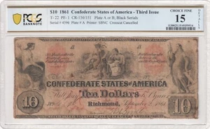 T-22 $10 1861 Confederate States Banknote Civil War Confederacy Money PCGS RARE! - Picture 1 of 10