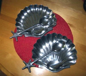 Scallop Shell Dishes Set Of Two + 2 Serving Utensils - Polished Aluminum - Picture 1 of 4