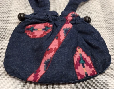 Vintage Southwestern Purse Denim Wood Shoulder Bag 80s American Southwest Style - Image 1 of 4
