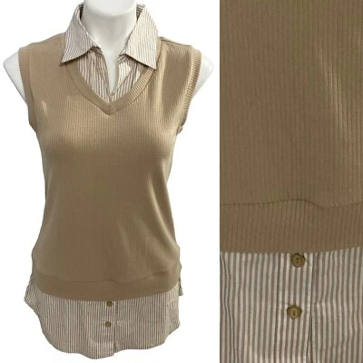 Kathleen Kirkwood Top Womens XS Brown Knit 2Fer Striped Preppy Collar Sleeveless - Image 1 of 4