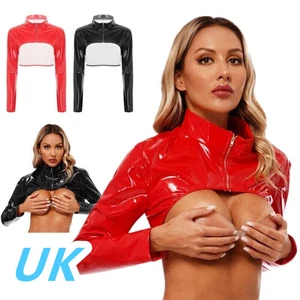 AU Womens Patent Leather Crop Top Stand Collar Long Sleeve Zipper Front Tops - Picture 1 of 32