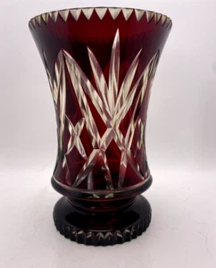 VTG Bohemian Czech Crystal Vase Cranberry Cut to Clear 8" H 5" Mouth - Picture 1 of 16