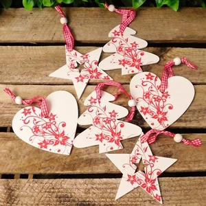 Set 6 Red & White Christmas Tree Tag Decorations Wooden Hanging Heart Star Tree - Picture 1 of 6