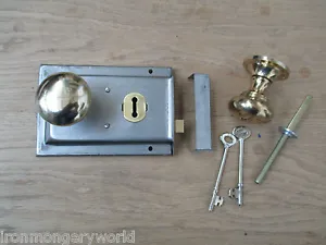 VICTORIAN INDUSTRIAL ANTIQUE STYLE RIM DOOR LOCK WITH RIM DOOR KNOBS - Picture 1 of 6