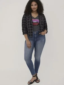 TORRID Women’s Black White Plaid Print Blazer Open Front 3/4 Ruche Sleeve Sz 3X - Picture 1 of 12