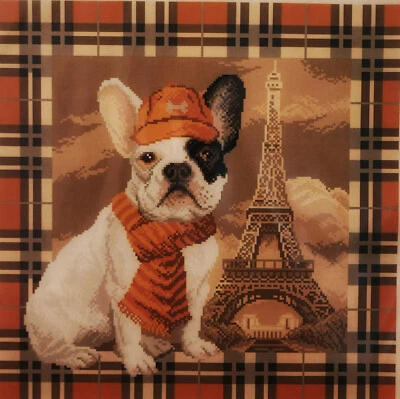 Cross stitch painted AIDA canvas tapestry PA1693 French Bulldog 16"x16"  - Image 1 of 2