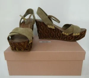 Miu Miu Carved Wood Platform Wedge Suede Criss Cross Shoes 39 mint - Picture 1 of 1
