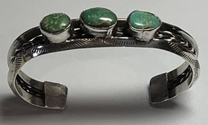 Brazalete antiguo peón navajo verde turquesa fila plata torcido 6"" - Imagen 1 de 14