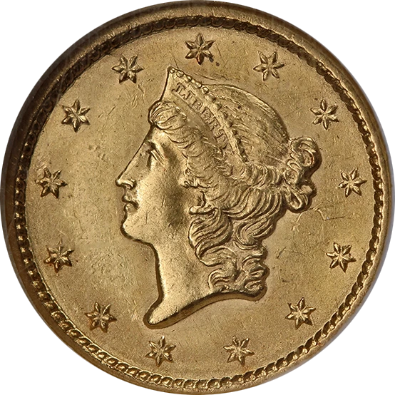 1849-P Type 1 Liberty Gold $1 Open Wreath NGC MS61 Nice Eye Appeal Nice Strike - Image 1 of 4