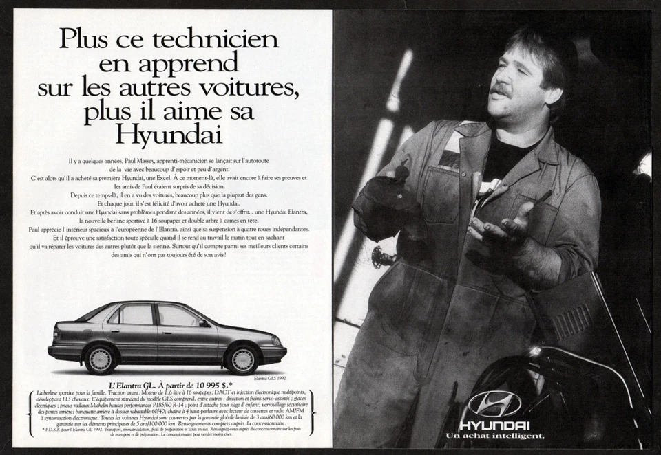 HYUNDAI Elantra GLS 1992 de colección original impresión de 2 páginas AD gris foto de coche Canadá Foto 1 de 1