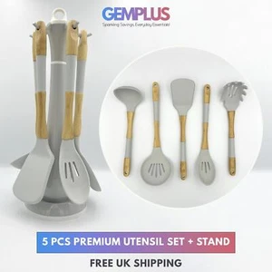 GEM+ | Premium 5 Pcs Wooden Silicone Utensil Set - Heat Resistant - Wood Grey - Picture 1 of 9