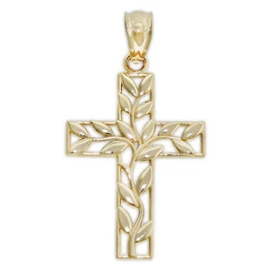Gold Olive Branch Cross Charm - 10 Karat Solid Gold - Religious Cross Pendant - Picture 1 of 2