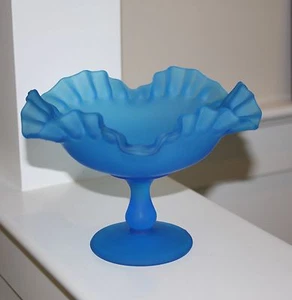 Vintage Satin Frosted Blue Footed Pedestal Compote Bowl Ruffled Edge Candy Dish - Picture 1 of 5