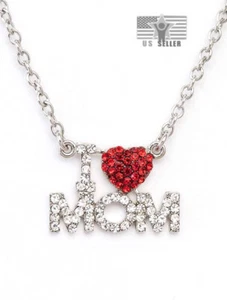 I love MOM Necklace Rhinestone Crystal Silver Red Heart Mother's Day Gift Box - Picture 1 of 8