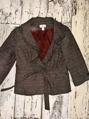 Chaqueta Blazer Loft Marrón Jaspeado Cuadros Borde con Volantes Cinturón 6 Foto 1 de 4