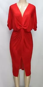 Women's V Neck Wrap Twist Front Dress Short Sleeve Stretch Sheer Red Size M - Picture 1 of 7