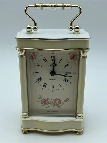 HERMLE QUARTZ 2100 CARRIAGE DESK CLOCK W/ HANDLE - FLOWERS - MADE IN GERMANY Cover