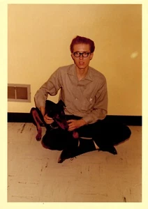 Vintage Found Photo 1968 Man in Buddy Holly Glasses with Doberman Pinscher Dog - Picture 1 of 2
