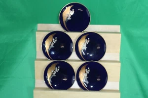 set of 5 Japanese bluish purple 5" plates with flower and gold trim - Picture 1 of 3