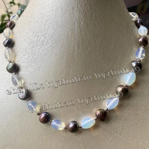 14"-36" 10-11mm Black Baroque Pearl & 8x12mm Rice Moonstone Gems Beads Necklace - Picture 1 of 7