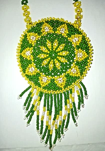 Native American Rosette Lakota Sioux Beaded Tanned Leather Medallion Necklace - Picture 1 of 3