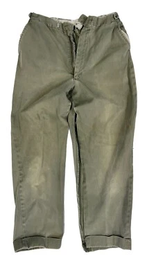 VTG 40s Mens Green Work Pants 26x27 Cotton Twill Gusseted Tab Waist Distressed - Image 1 of 4