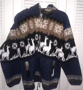 NEW MEDIUM BLUE/TAN/BLACK/WHITE ALPACA FULL ZIPPER SWEATER INCA DESIGNS. HOODIE - Picture 1 of 7