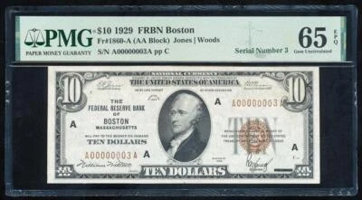 FR.1860-A 1929 $10 FRBN BOSTON PMG65 EPQ GEM UNC "SERIAL #3" - Image 1 of 2