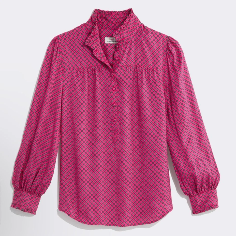 Cuello con volantes de sarga de seda para mujer Vineyard Vines talla XL estampado de diamantes rosas Foto 1 de 4