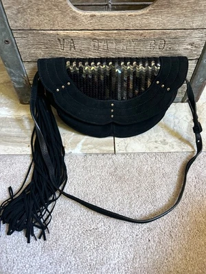 YVES SAINT LAURENT suede and sequins fringe tassel flap clutch with strap - Image 1 of 4