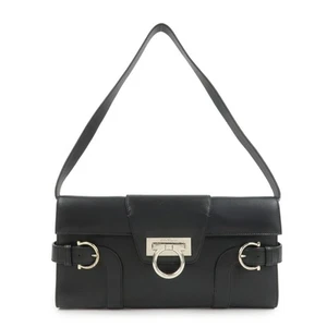 Ferragamo Gancini Leather 2Way Bag Hand Bag Shoulder Bag Black Auth Used F/S - Picture 1 of 24