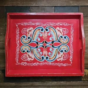 Vintage Folk Art Hand Painted Red Blue Wood Boho Southwestern Home Décor Gift - Picture 1 of 20