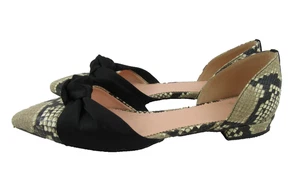 J Crew Morocco Women's Size 8M Black Satin Bow Flats Embossed Snake Leather - Picture 1 of 5