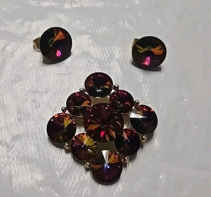 Juego de broches y pendientes vintage de diamantes de imitación iridiscentes Weiss - Imagen 1 de 11