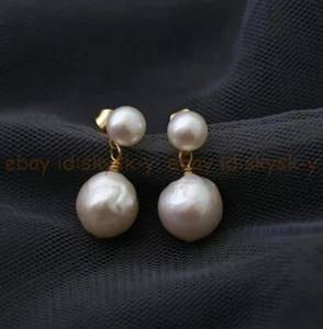 11-12mm White Natural South Sea Baroque Edison Double Pearl Dangle Stud Earrings - Picture 1 of 4