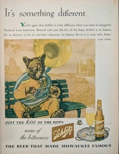 1944 Vintage Schlitz Bieranzeige, Bär spielen Trompetendruck Anzeige Milwaukee Bier - Bild 1 von 1