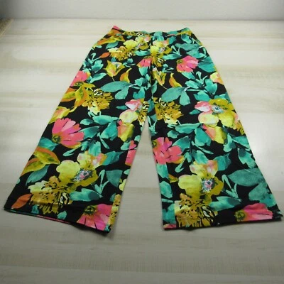 Calça jeans feminina extra pequena P preta verde floral perna larga jersey d&co - Imagem 1 de 4