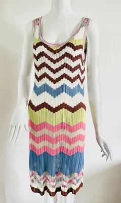 MISSONI Vestido Corto Punto Crochet Rosa Azul Salmón Viscosa Zig-Zag Talla IT... - Imagen 1 de 4