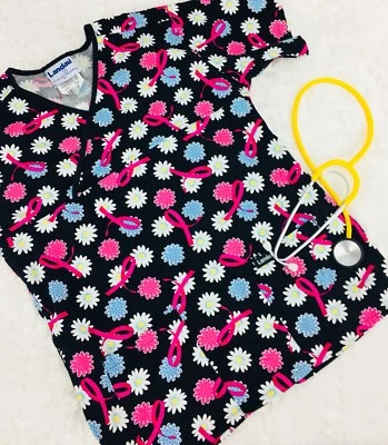 Landau Breast Cancer Awareness Women’s Floral Scrub Top Size Small ((J26)) - Image 1 of 4