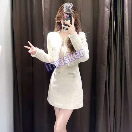 OFF WHITE Giacche donna stile francese cropped abito corto tweed set 2 pezzi slim fit primavera