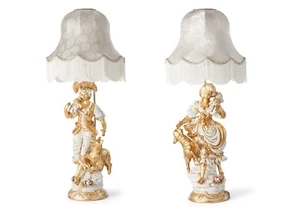 Pair Lamps Table Farmer Man Lady Capodimonte porcelain Leaf Gold - Picture 1 of 10