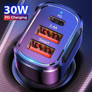 USB PD Type-C Car Charger 30W Fast Charge Adapter For iPhone 12 13 Pro Samsung