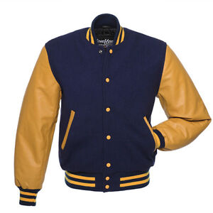 Stewart & Strauss Navy Blue Wool & Gold Leather Varsity Letterman Senior Jacket