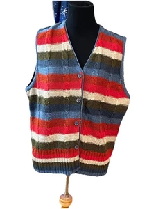 Vintage Alfred Dunner Boxey Pullover Weste L Oma gestreift Knopf offen Zopfmuster - Bild 1 von 10