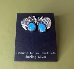 Vtg Navajo Earrings 925 Sterling Natural Turquoise Leaf Flower Water FREE SHIP - Picture 1 of 10